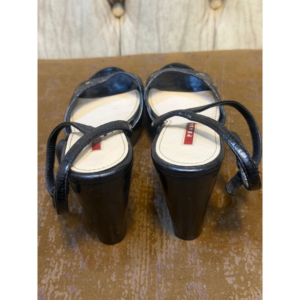 Prada Black Patent Leather Laser Cut Floral Wedge Sandals 3XZ145 36.5 EU